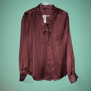 Express Metallic Stripe Tie-Neck Blouse in Burgundy